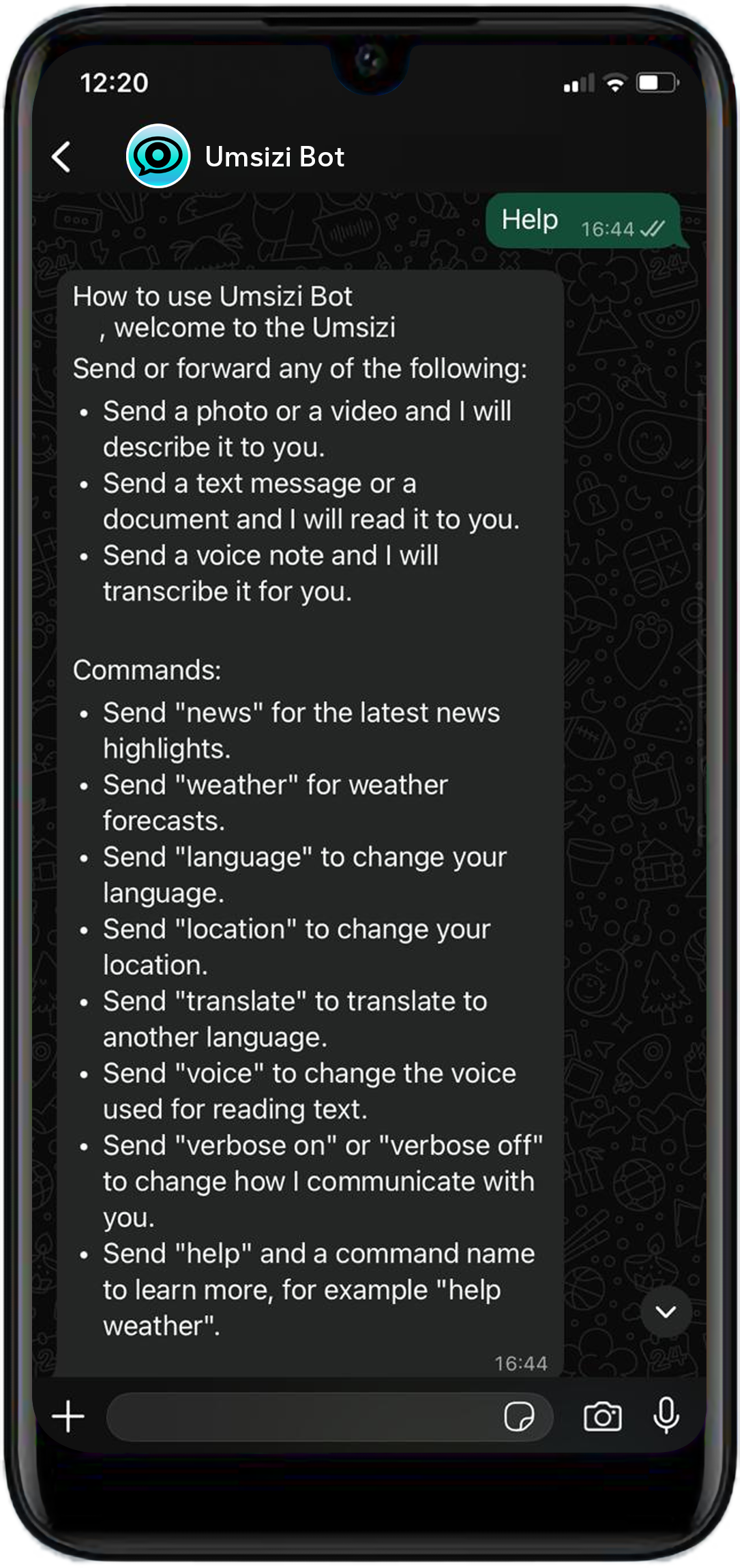 WhatsApp chat showing Umsizi Bot help options and commands.