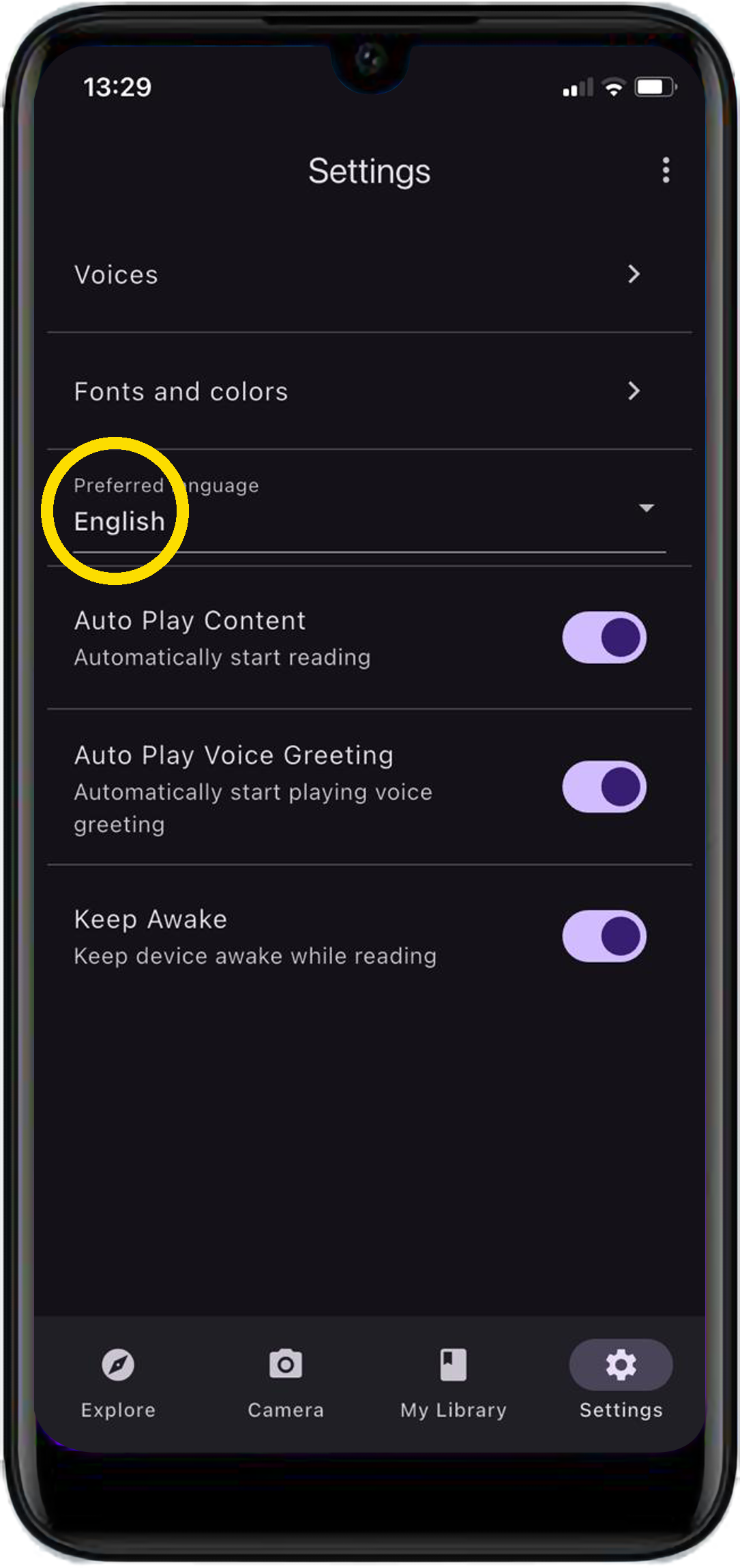 Umsizi Reader Settings screen with Preferred Language visible.