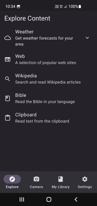 Umsizi Reader app home screen showing Explore Content with Weather, Web, Wikipedia, Bible, and Clipboard options.